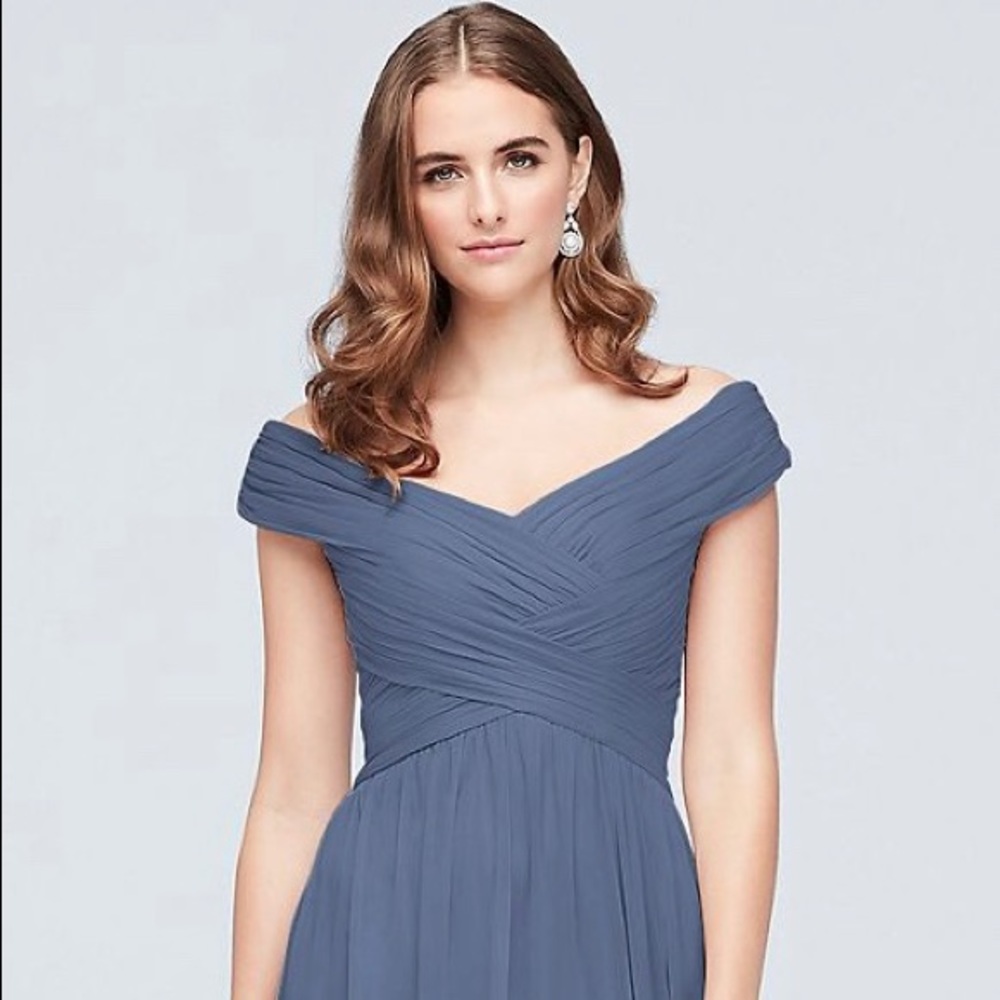Crisscross Off-Shoulder Long Mesh Dress-Steel Blue